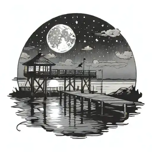A Serene Night Scene On A Pier With A Full Moon And Stars Reflecting On The Water