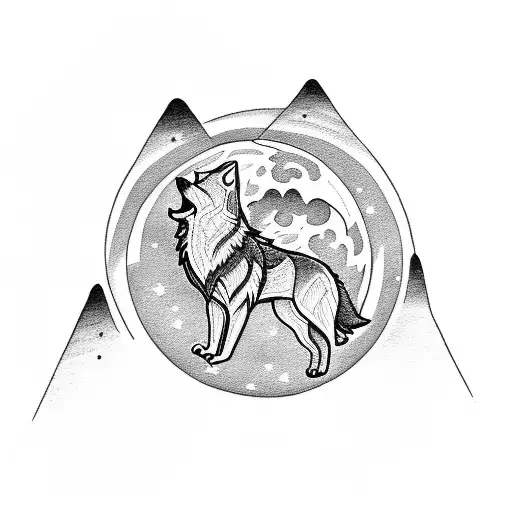 A Sketch-style Tattoo Of A Wolf Howling At The Moon With Mountains In The Background