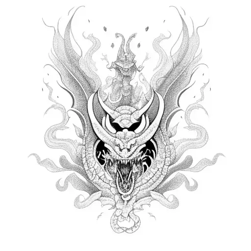 A Fierce Dragon In A Blackwork Style Surrounded By Blooming Flowers