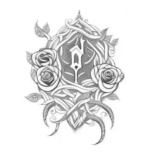 An Elegant Blackwork Design Featuring A Sword Wrapped In Vines And Flowers