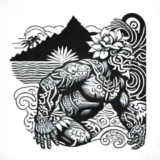 Makoa Hawaiian Warrior With Hawaiian Islands And A Tribal Stripe With Hibiscus