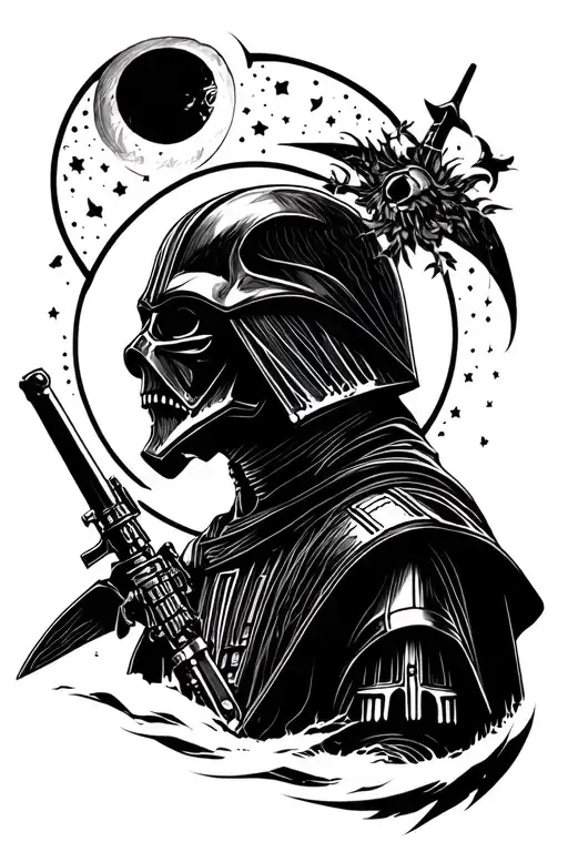 A Blackwork Style Tattoo That Mixes The Themes Of The Lord Of The Rings With Star Wars