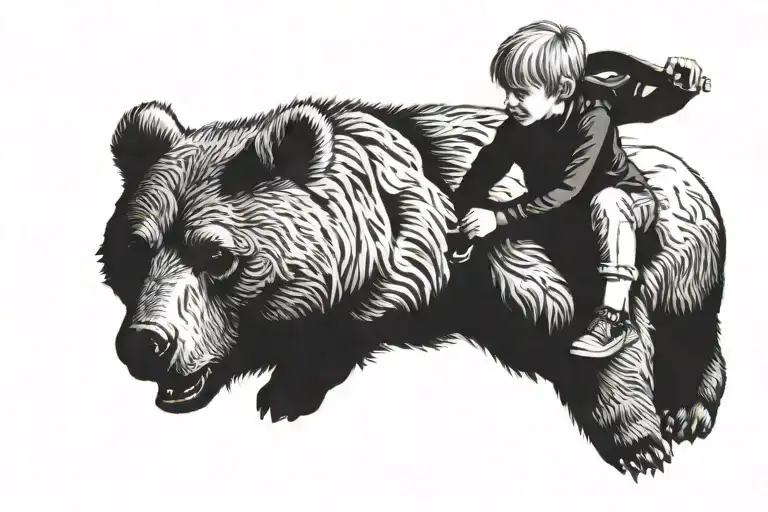 A Young Blonde Boy Riding On A Kodiak Bear Holding