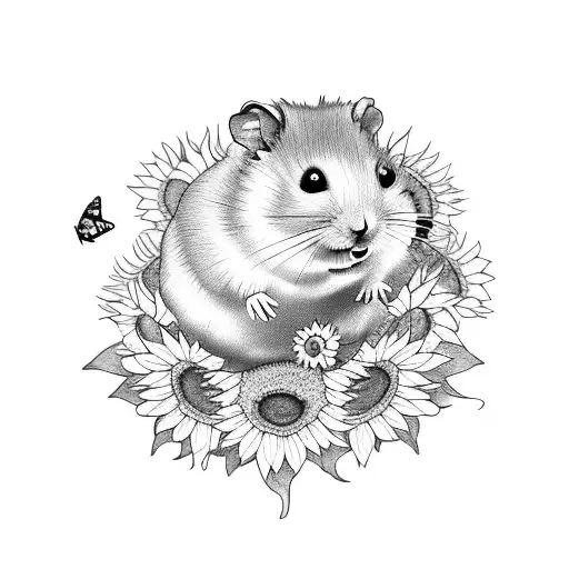 A Hamster Running Through A Sunflower Field With Butterflies