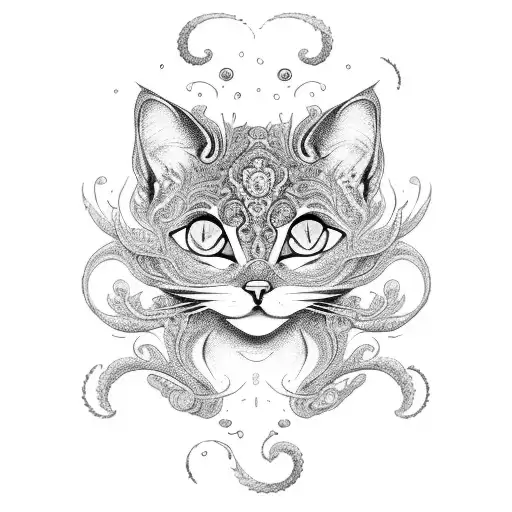 An Intricate Blackwork Tattoo Of A Mystical Cat Surrounded By Swirling Waves And Seashells