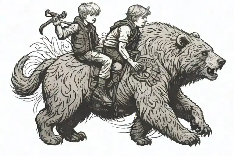 A Young Blonde Boy Riding On A Kodiak Bear Holding
