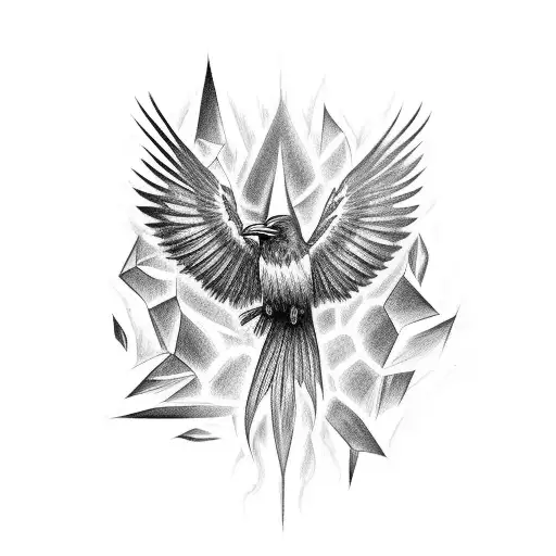 A Black Ink Tattoo Of A Crow Being Reborn Like A Phoenix But From Ice