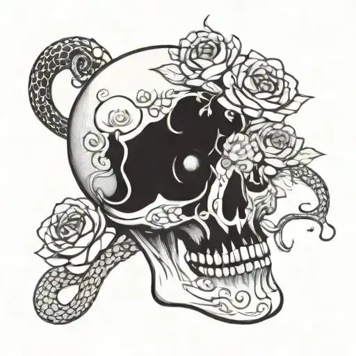 Gothic Style Skull With Snake And Chrysanthemum Flowers