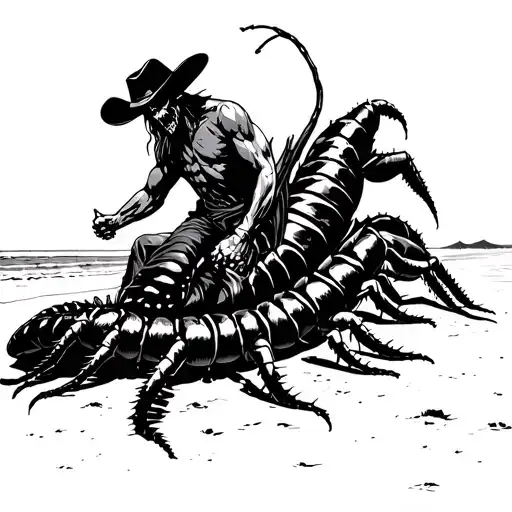 A Demonic Cowboy Riding A Giant Centipede On The Beach At Night