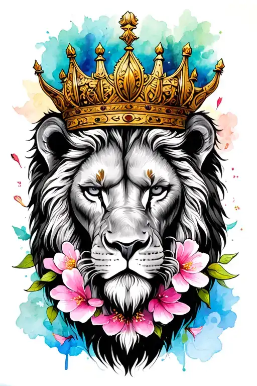 Crowned Lion Head On Cherry Blossom With Watercolor