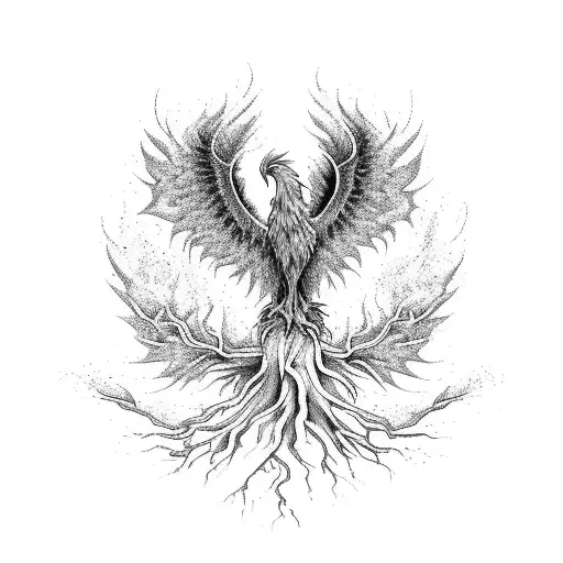 A Phoenix Rising From Ashes Combined With A Winding Road And A Tree With Deep Roots