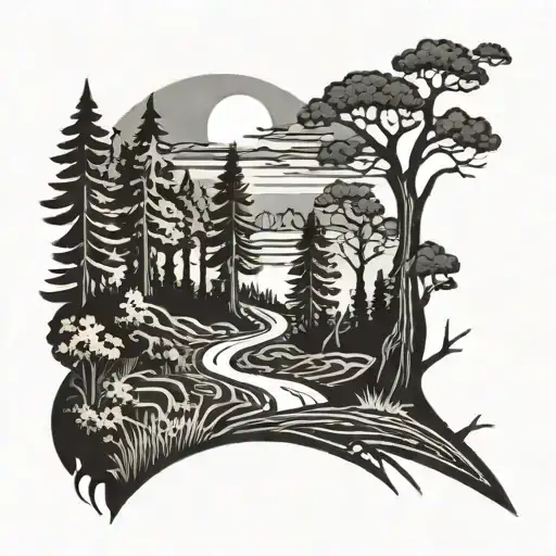 A Trail Winding Through A Forest With A Setting Sun In The Background