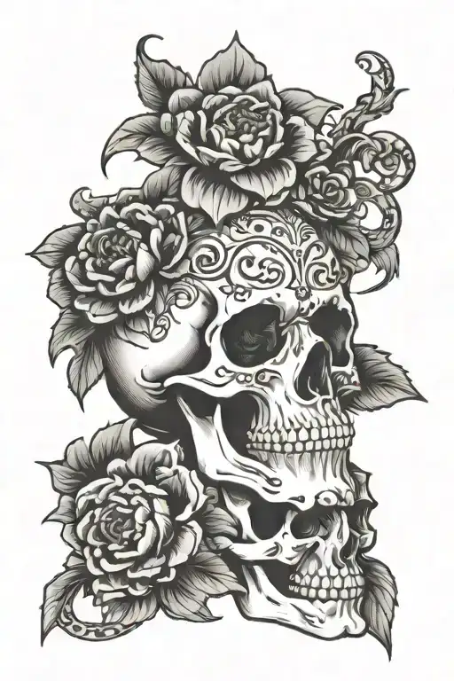 Gothic Style Skull With Snake And Chrysanthemum Flowers