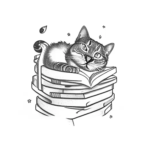 A Bookshelf With Stacks Of Books And A Cat Curled Up On Top