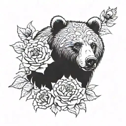 Bear Face Wrapped In Sunflower And Peony Flowers