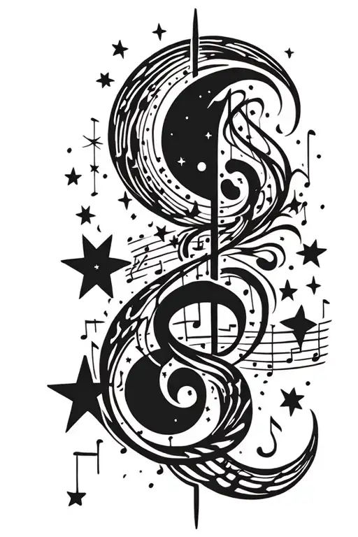 Combine Music Notes With Celestial Elements Like Stars And The Moon In A Blackwork Design