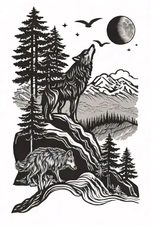 Wolf Howling At Moon Mountains Trees
