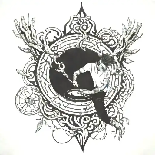 A Dj Mixing Music With Yggdrasil Roots Intertwining Around Their Arms