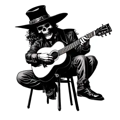 Skull Gunslinger Playing Guitar Sitting On Stoll