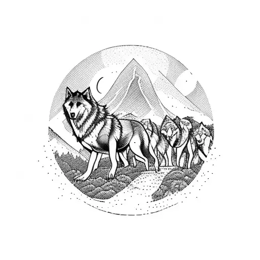 A Majestic Mountain Landscape With A Pack Of Wolves Running Through It