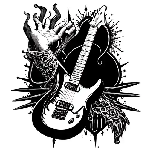 Gothic Hand Tattoo And With Guitar Electrick On It For Hand