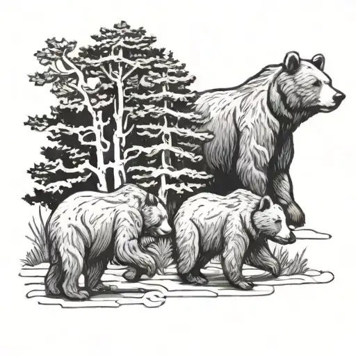 Three Bears Walking In Front With Trees In The Background