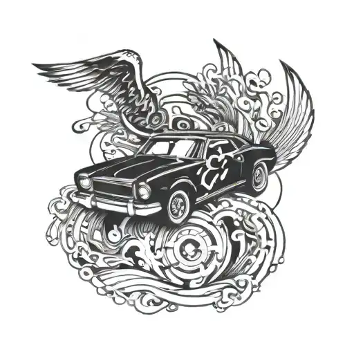 A Tattoo Design Combining Music Notes And Japanese Car Elements