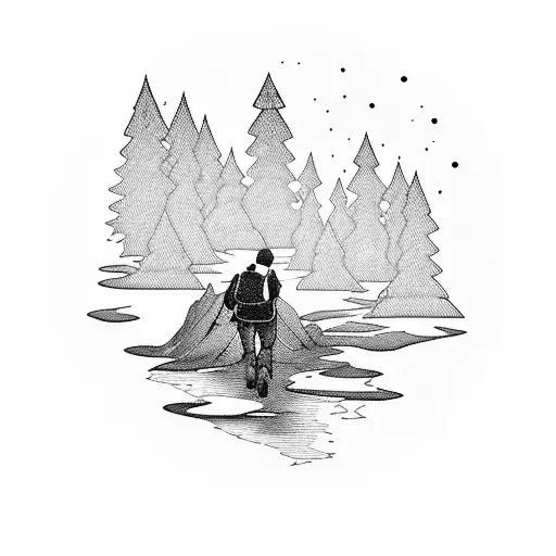 A Blackwork Tattoo Of A Hiker Walking Along A Serene Forest Stream