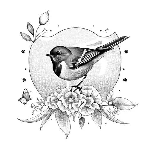 A Blackwork Tattoo Of A Robin Perched On A Horseshoe Surrounded By Flowers