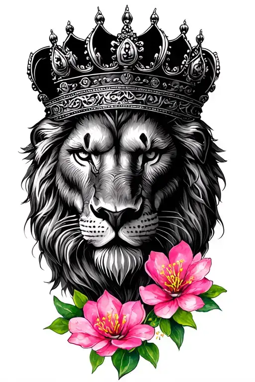 Crowned Lion Head On Cherry Blossom With Watercolor