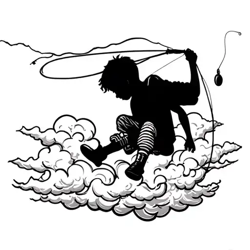 Silhouette Of A Boy Throwing Fishing Line Into The Clouds