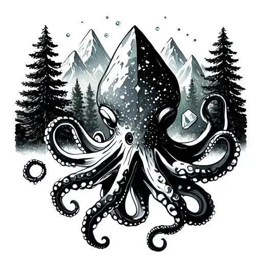 Minimaliste Octopus Holding Crystals Mountains And Pine Trees