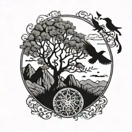 Tree Of Life In A Circle With Mountains In The Background And Birds Flying