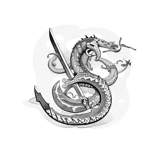 A Fierce Viking Warrior Battling A Sea Serpent In A Blackwork Style
