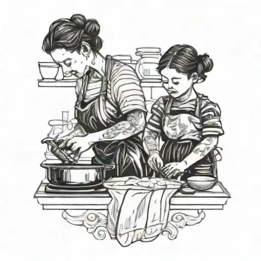 A Blackwork Tattoo Of A Mother And Child Baking Together In A Kitchen