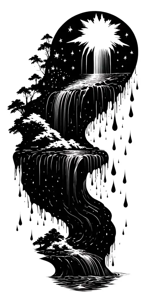 Stars Falling Into A Waterfall Slowly Turning Into Rain Drops