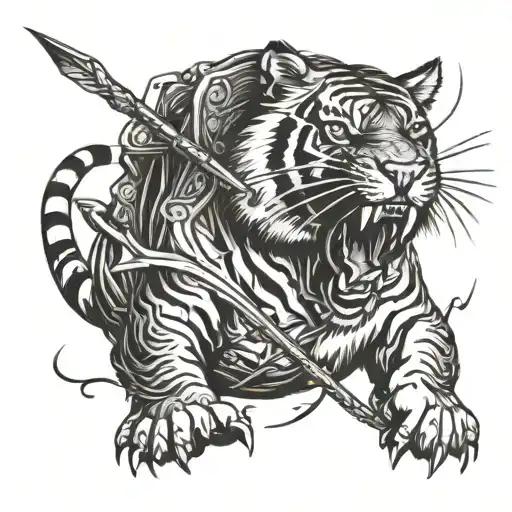 A Tiger Roaring While Surrounded By Hunting Equipment Like A Bow And Arrow