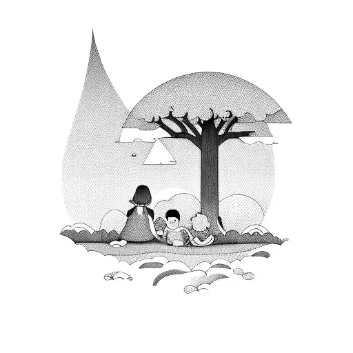 Girl And Baby Boy Sitting Under A Tall Tree In The Forest On The Mountain