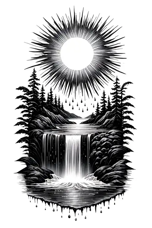 A Sun Melting Into A Waterfall That Turns Into Rain Drops