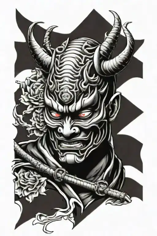 Japan Hannya Mask And Japan Flag And Samurai Warrior Behind