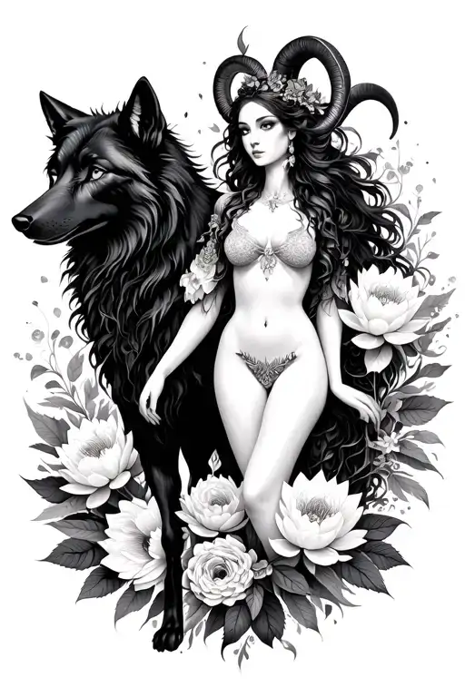 Aries Sexy Goddess Surrounded By Poeny And Lotus Flowers And Black Wolf
