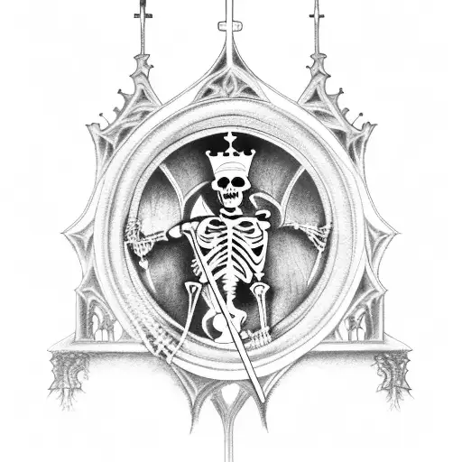 Gothic Cathedral Window With Skeleton King Sitting On Throne Holding A Sword In The Foreground
