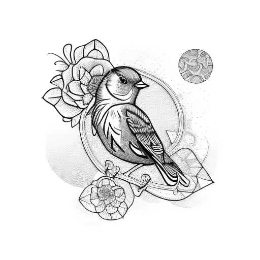 A Blackwork Tattoo Of A Horseshoe Filled With Intricate Floral Patterns And A Robin Perched On Top