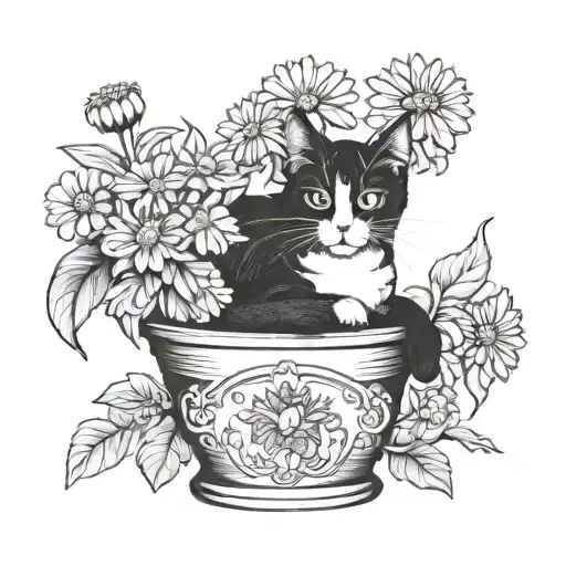 Tuxedo Cat In A Flower Pot Of Daisies