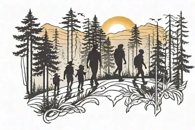 A Silhouette Of A Family Hiking Through A Dense Forest With A Sunset In The Background