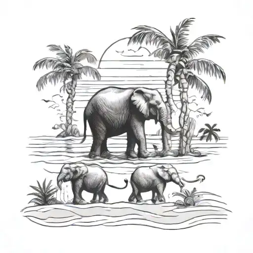 An Elephant Family Exploring A Tropical Beach With Their Kids