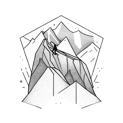 A Blackwork Tattoo Of A Hiker Conquering A Challenging Mountain Peak