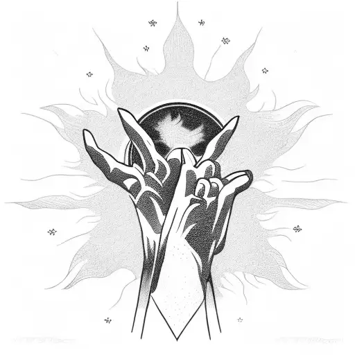 Hand Up With Sun At The Tip And Winged Lightning