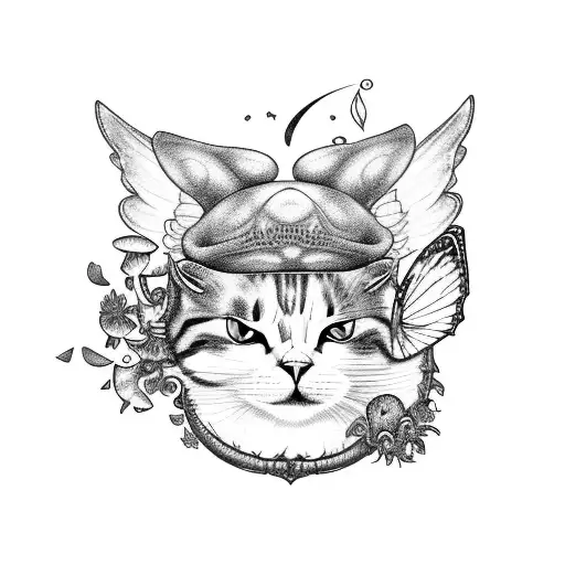 A Whimsical Cat With Butterfly Wings Surrounded By Strawberries And Mushrooms