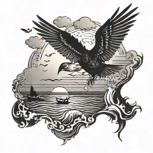 Bird Falling Down At A Seaside Sunset